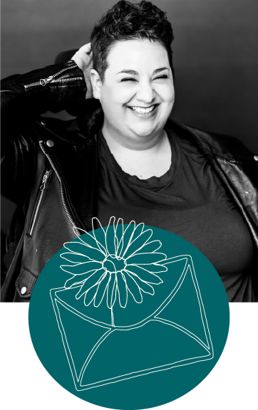 Ophira smiles, her hand behind their head. Newsletter icon and flower on a teal circle in front.